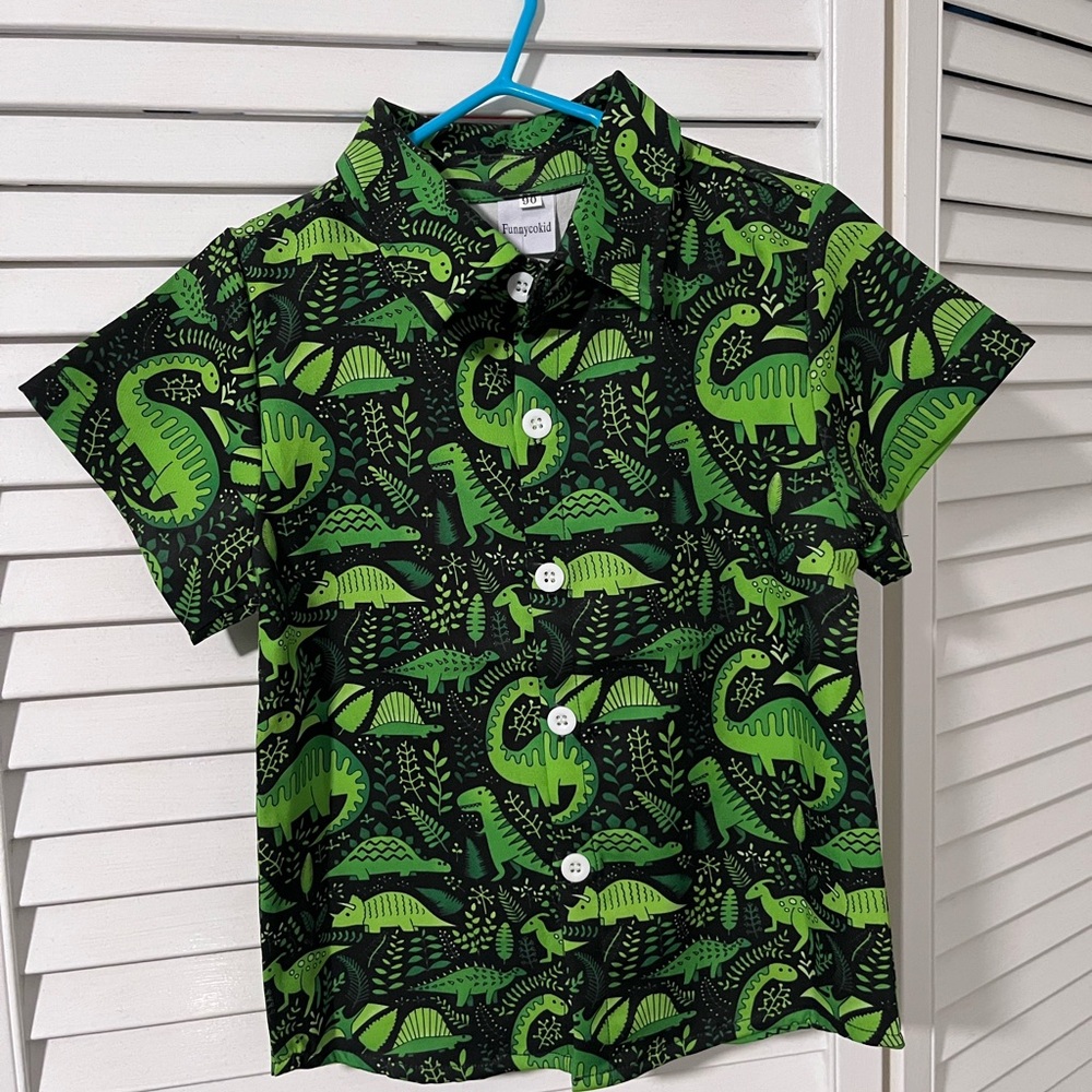 Kids Green and Black Dinosaur Print Button Down Shirt